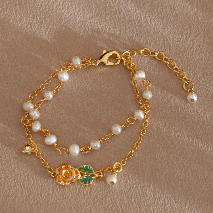 Real Gold Plated Double Layer Bracelet Natural Freshwater Pearls & Rose Charm Adjustable Luxury Jewelry for Women