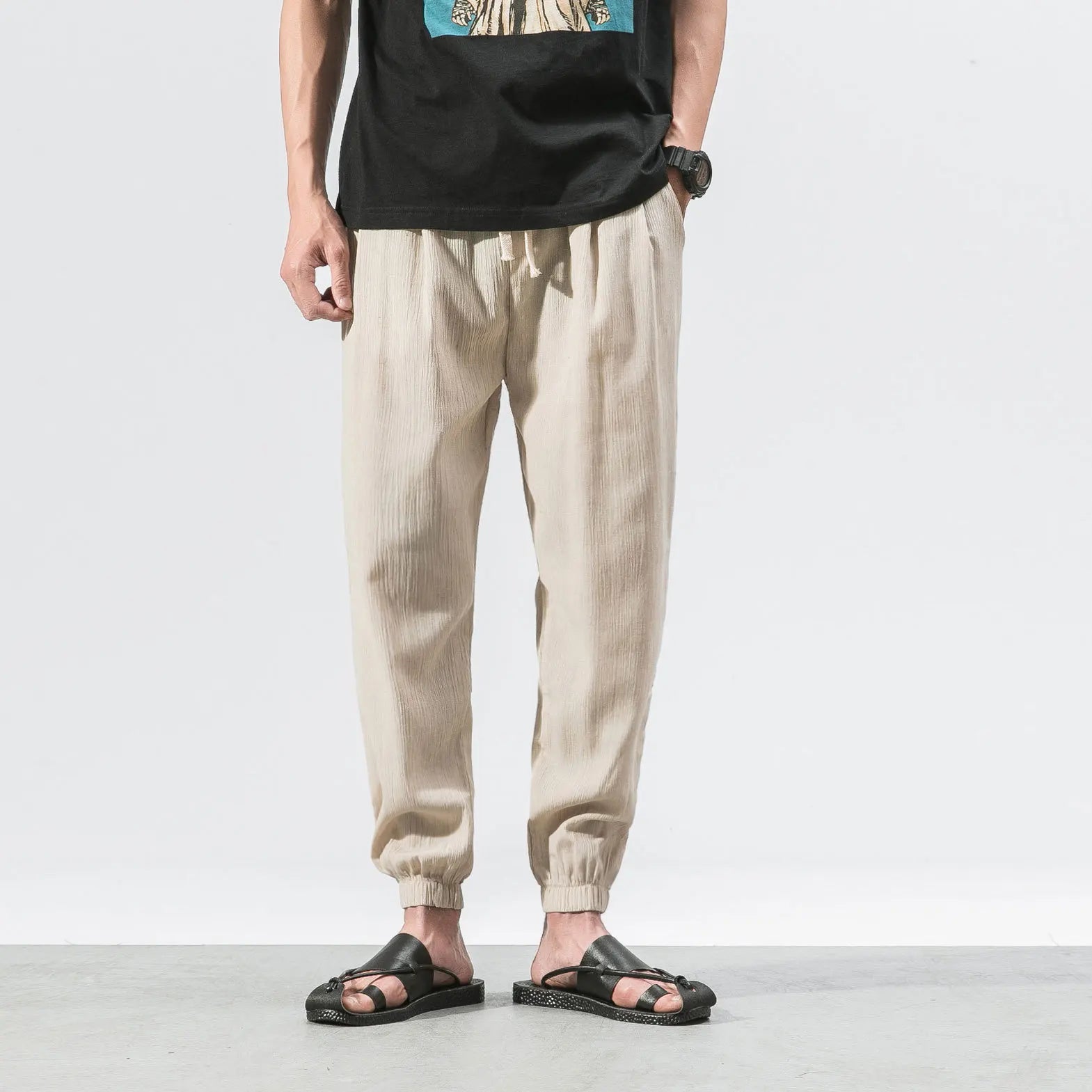 Men's Casual Straight Pattern Eco-Friendly Anti-Wrinkle Knitted Linen Blend Mid Waist Drawstring Pleated Summer Trousers