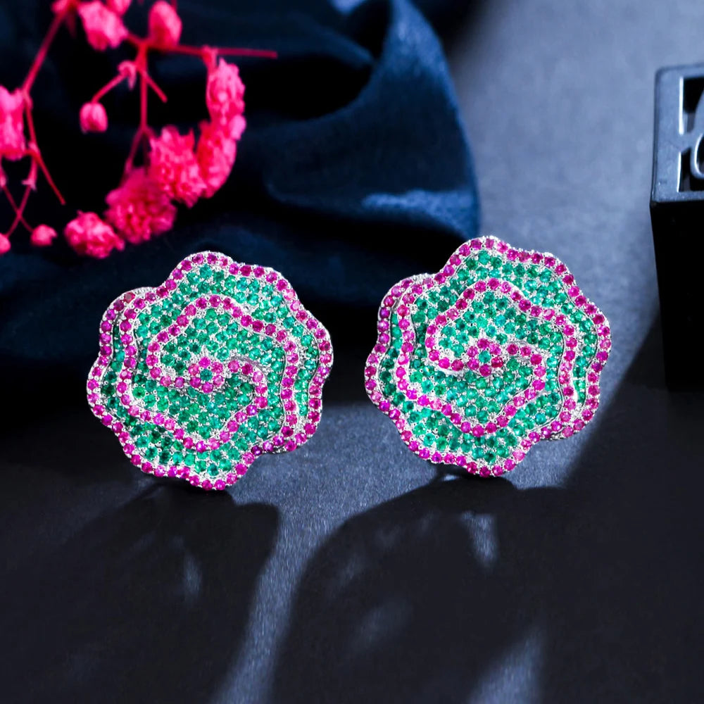 Fashion Silver Plated Micro Pave Round Cubic Zirconia Green Red Delicate Rose Flower Stud Earrings for Women Wedding Gift
