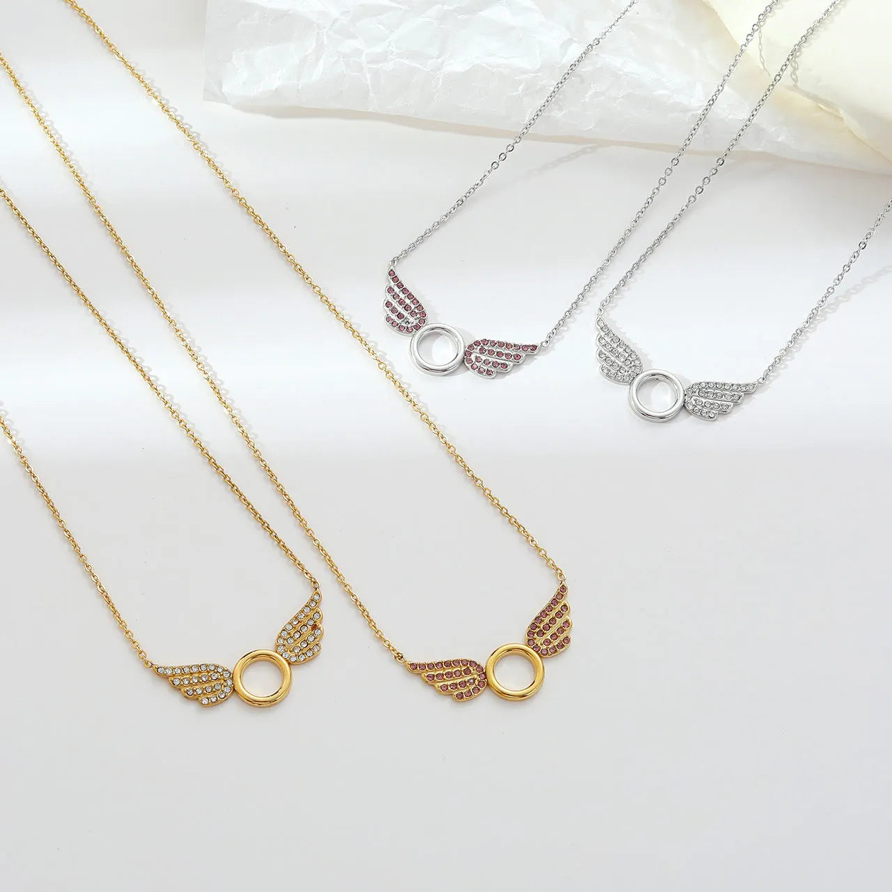18K Gold Plated Angel's Wing Necklace with Clavicle Chain Stainless Steel Pink Zircon Pendant Classic Fashion Jewelry for Women