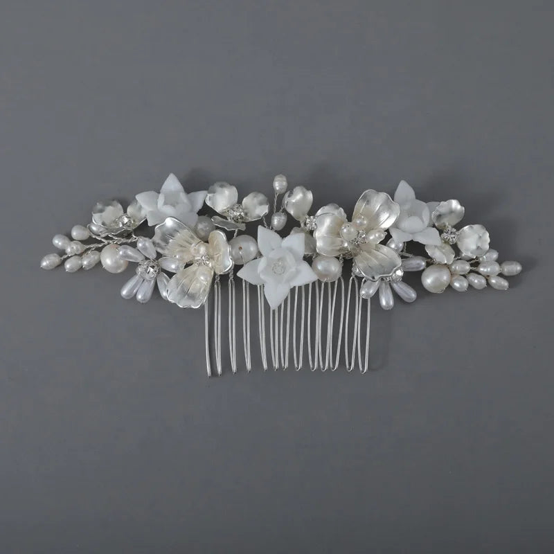 Bride Headpiece Handmade Wedding Hair Comb With Ceramic Flower Freshwater Pearl Accessories