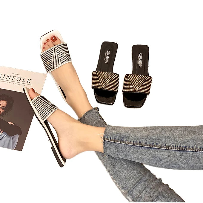 New Arrival Women's Open Toe Outdoor Flat Sandals Plus Size Rhinestone PU Summer Spring Autumn Shoes Ladies' Style for Slippers
