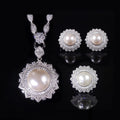 Abiding Light Luxury Antique Big Round White Shell Pearl 925 Silver Jewelry Set Cluster Halo Flower Ring Earrings Pendant Set