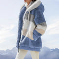 Women Casual Plush Hooded Coat Long Sleeve Pockets Zipper Jacket Color Blocking Lady Fashion Warm Coats