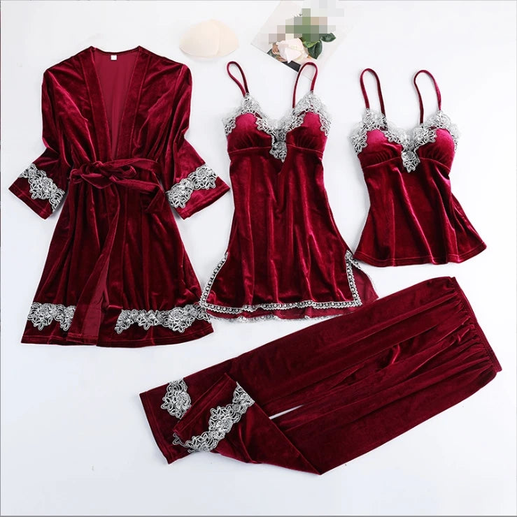Autumn Winter Velvet Pajamas for Women Pyjamas Warm Sleepwear V-Neck Pijama Mujer 5 Piece Sets Pijama Chest Pads Plus Size XXL