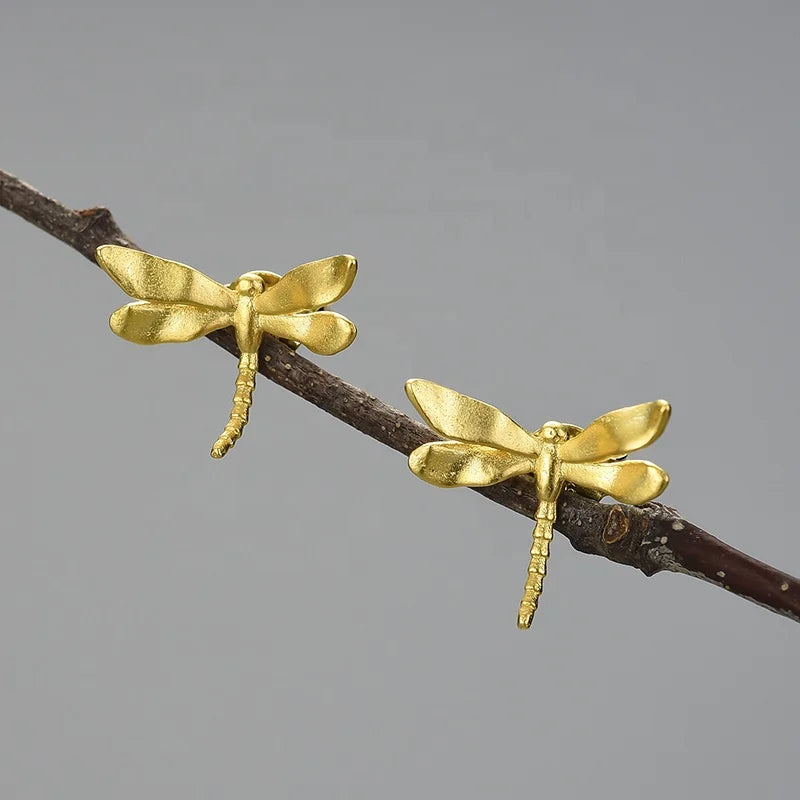 Lotus Fun Wholesale Hand Made Summer 925 Sterling Silver 18k Gold Cute Dragonfly Stud Earrings  Minimalist Animal Women Jewelry