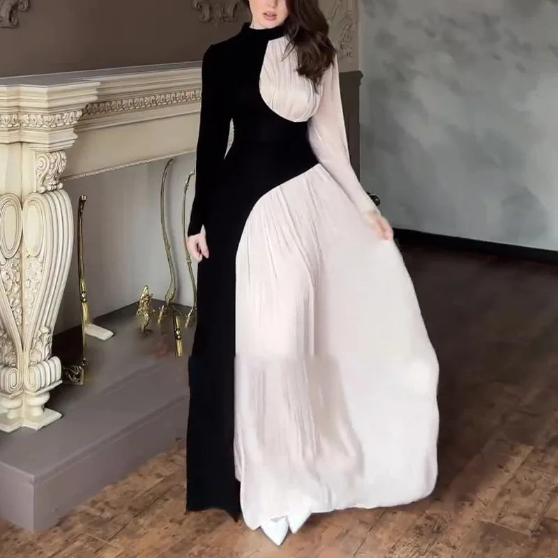 Boutique Wholesale 2026 Autumn New Fashionable Round Neck Long Sleeved High Waisted Slim Fit Retro Women's Dress