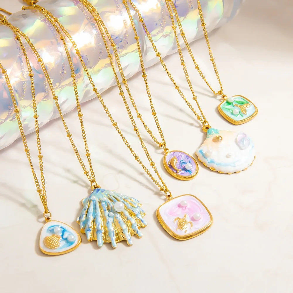 Hawaiian Holiday Ocean Style Tarnish Free Stainless Steel PVD 18K Gold Plated Rainbow Enamel Shell Turtle Whale Necklace