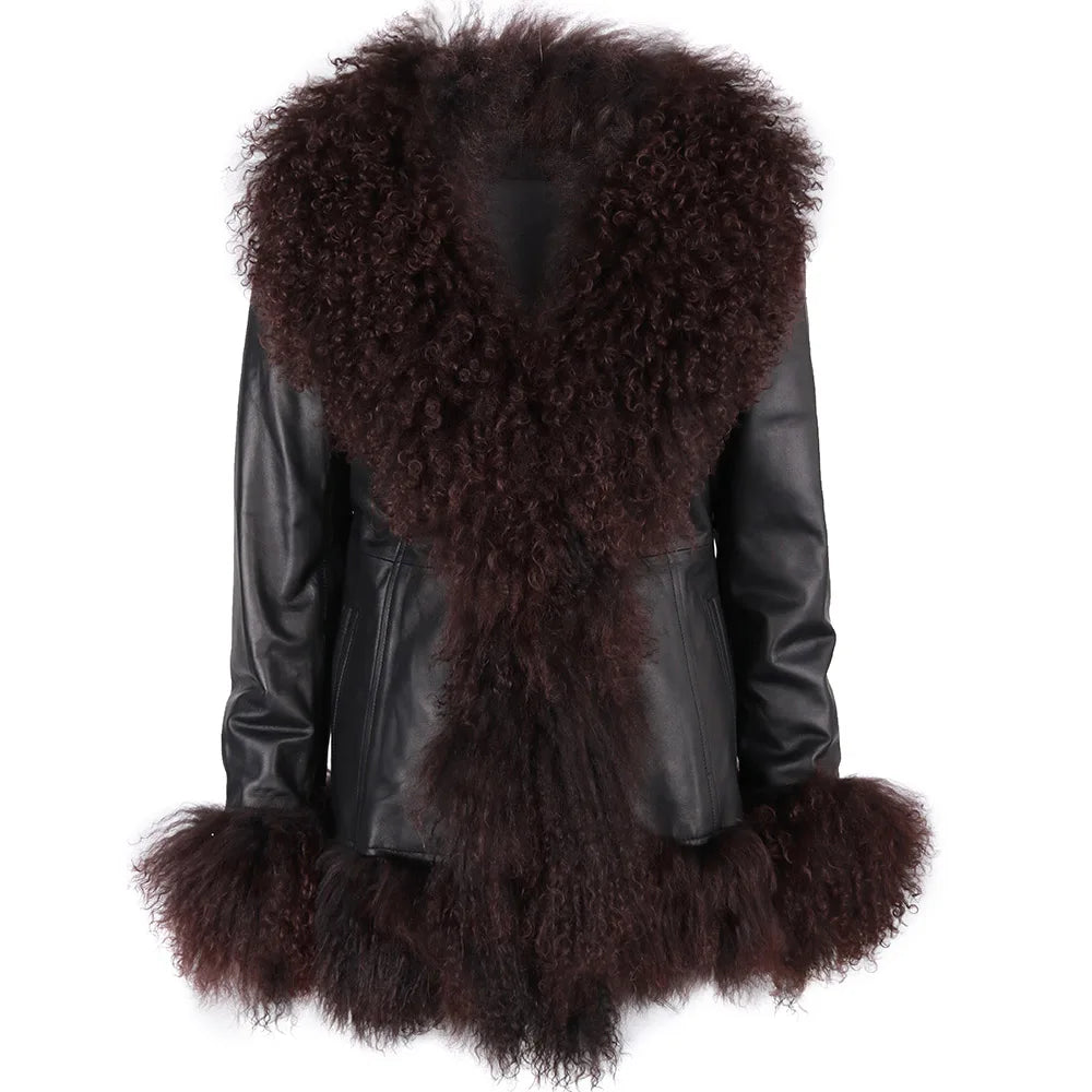 Leather With Fur Elegant Women Mongolia Sheep Fur Collar Leather Coat Leather Jacket Ladies