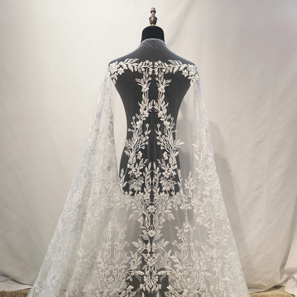Fashionable French Sequined Lace Fabric for Bridal Dress 3D Embroidery Heavy Pearl Bead Tulle Lace Fabric