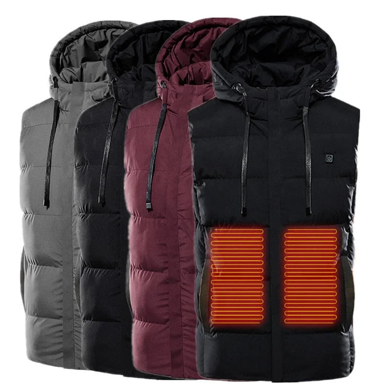 Custom Hooded Heated Vest Puffer Jacket Man Warm Outdoor Vest Jacket Men's Heated Waistcoat Rechargeable Battery Heated Vest