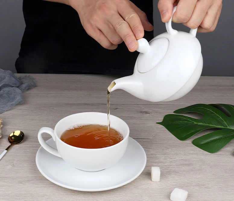 14oz Classic Portable Gift Tea Set Craftsmanship White Porcelain Tea for One Ceramic Teapot Tea Cup with Saucer Set