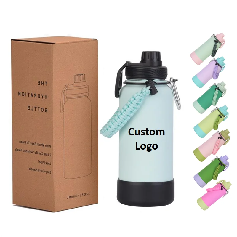 Custom logo 1L Large Capacity Vacuum Insulated Water Bottle Keep Hot Cold 24 Hours Outdoor Rope and Handle Lid Anti-slip Bottom