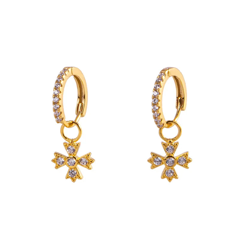 Fashion Jewelry 925 Sterling Silver Simple Cross Diamond Zircon Pendant Gold Plated Hoop Earrings for Women