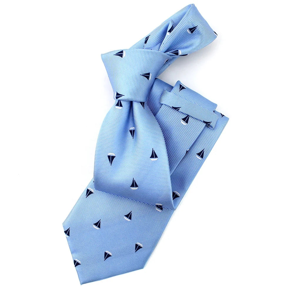 Handmade Factory Suppliers Ties Wholesale Men Premium Luxury 100% Silk Woven Sky Blue Custom Logo Sailor Necktie Sailboats