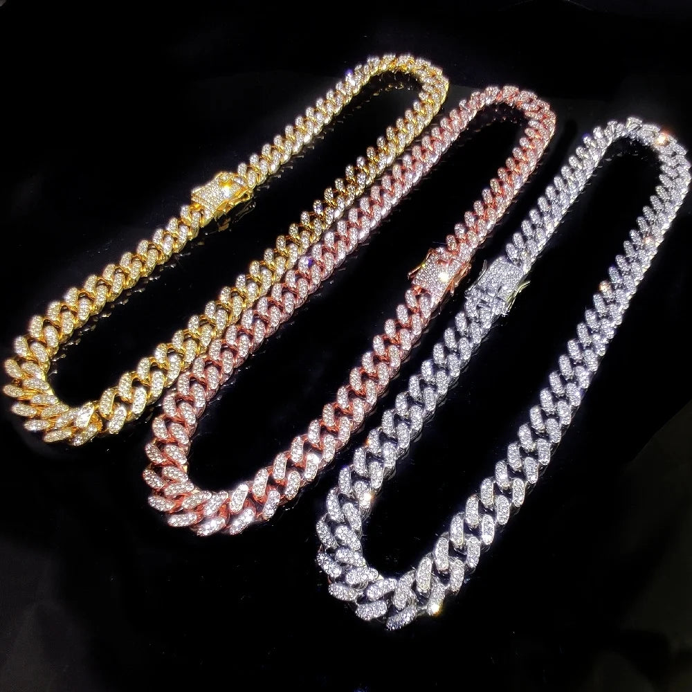 12mm Iced Out Cuban Necklace Chain Hip Hop Jewelry Choker Gold Silver Color Rhinestone CZ Clasp for Mens Rapper Necklaces Link