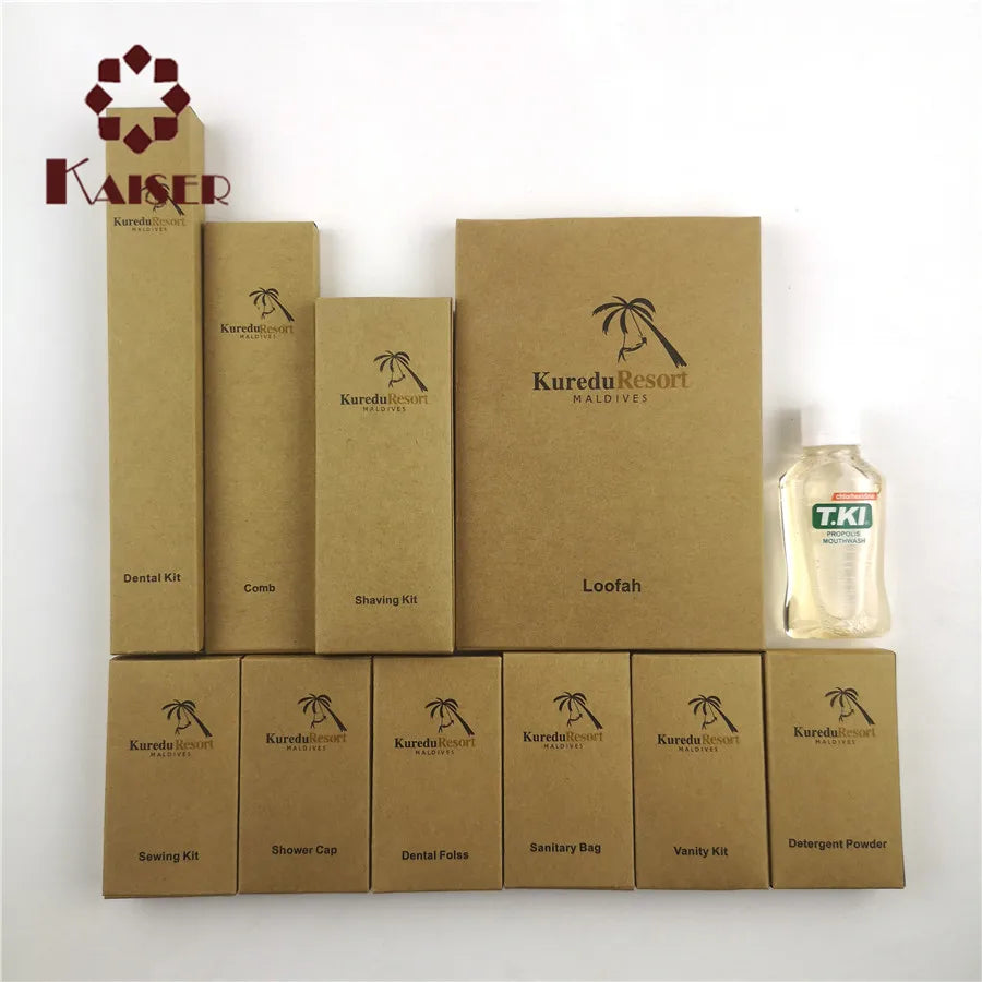 Customized Hotel Amenities Set Kraft Box a Full Set of Toilet Shampoo Toothbrush