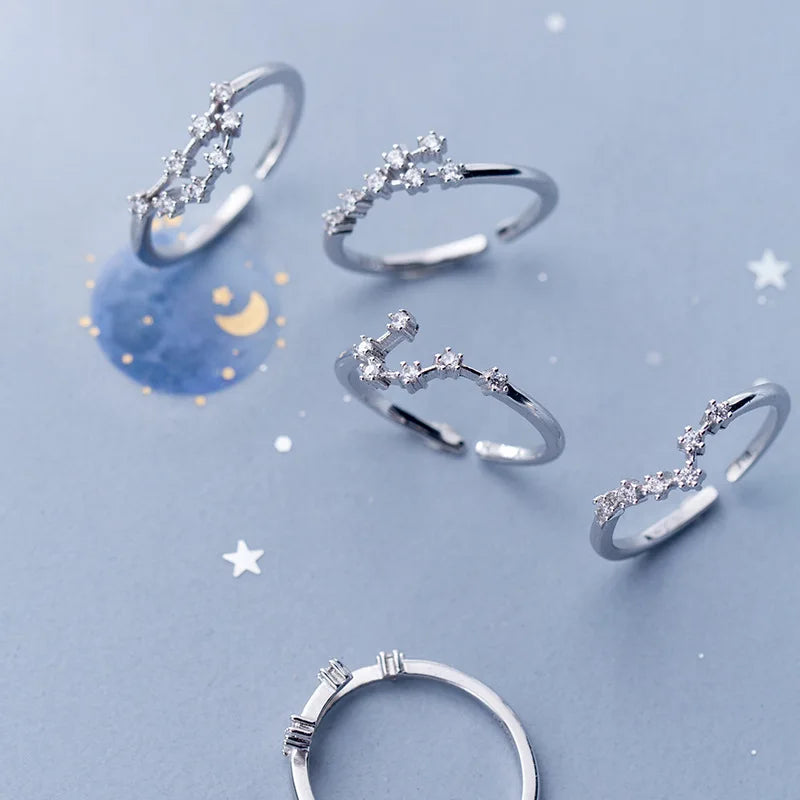 Fashion 925 Sterling Silver 12 Zodiac Sign Adjustable Open Cubic Zircon Finger Rings Jewelry for Women