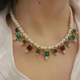 Hot-Sell Custom Vintage Glass Bead Pearl Necklace Clavicular Chain Charm Choker Geometric Necklace