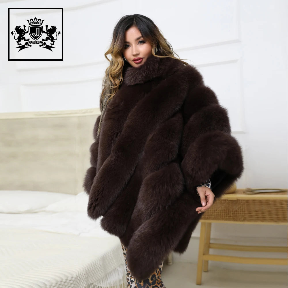 Custom Color Luxury Plus Size Oversize Fox Fur Shawl Women Winter Warm Cape Poncho