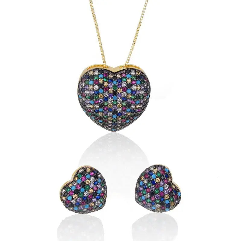 US Jewels Zircon Necklace and Earring Jewelry Set Gold-plated Pendant Earrings Heart-shaped Mixed Color Cute Brass Women Jewelry