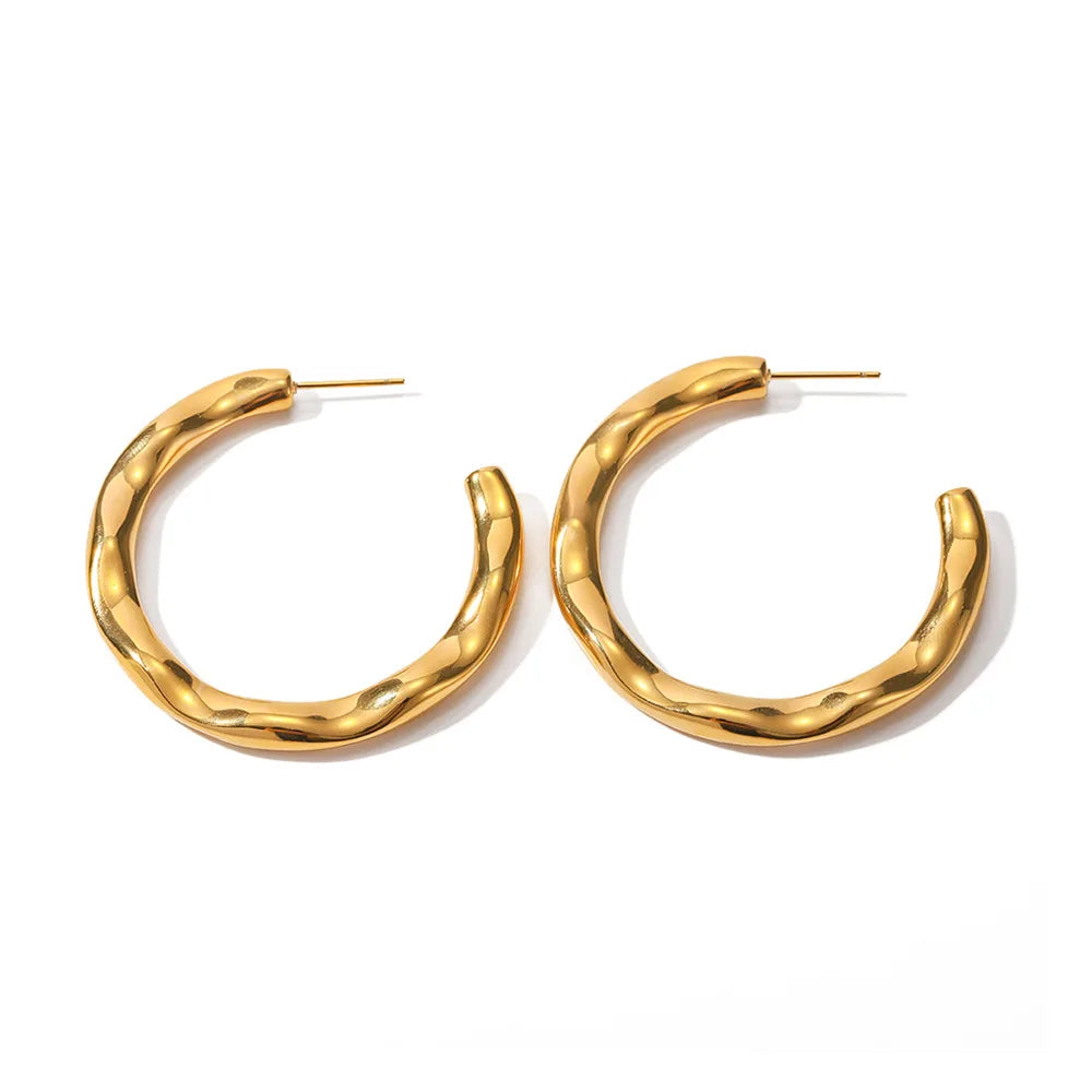 New Design Waterproof Hyperbole Gold Jewelry for Women Stainless Steel Metal Texture Big Round Thick Minimalist Hoop Earrings