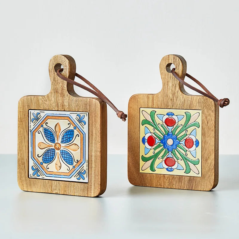 Customized Wood Trivets Ceramic Acacia Wood Coaster Insulation Pad With Handle Heat Insulated Pad for Home Kitchen