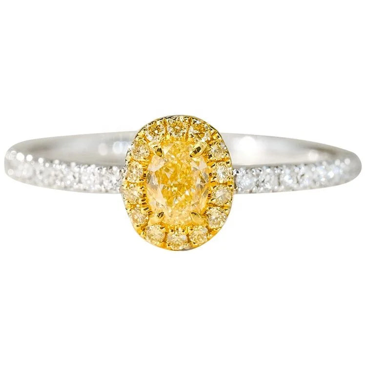 RUYI Yellow Diamond 1ct Oval Cut Fancy Vivid Yellow Lab Diamond halo Design Pave Band 18k Gold Engagement Ring