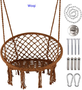 Woqi Indoor or Outdoor Macrame Rope Hanging Chair with Hanging Kit and Chain Handwoven Black White Hammock Lounge Swing Chair