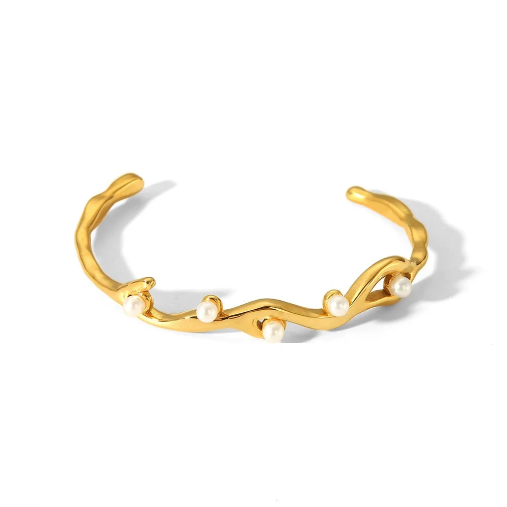 Vintage Stainless Steel 18k Gold Plated Irregular Shape Pearl Adjustable Charms Opening Cuff Bangle Bracelets for Women