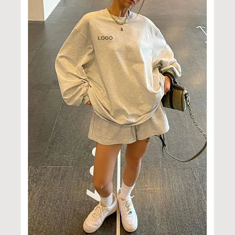 Two Piece Set Women Clothing Summer Custom Shorts Tracksuit Causal 2 Piece Crew Neck Sweatshirt and Shorts Set
