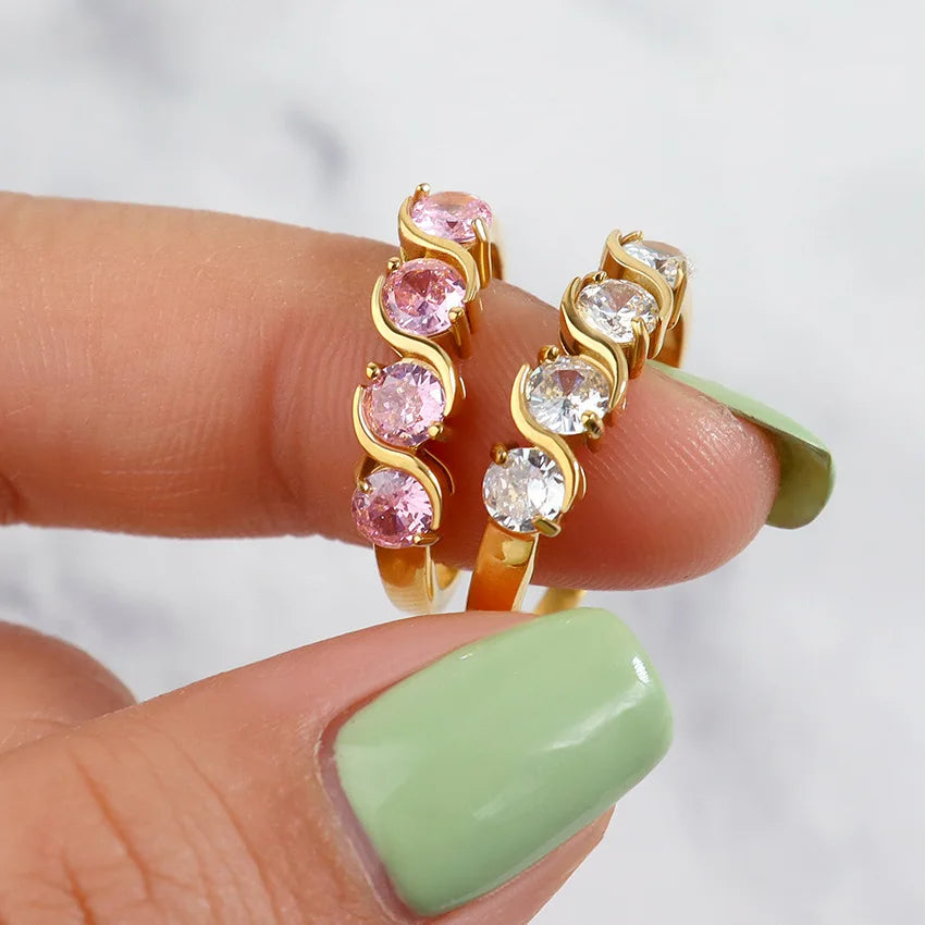 Summer Fashion Jewelry Cubic Zirconia 18K Gold Plated Ring Luxury Fashion Shiny Pink White Four Stone Diamond Ring