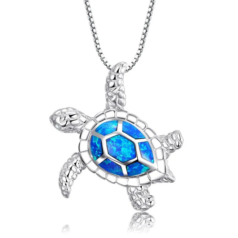 2026 New Fashion Cute Silver  Blue Opal Sea Turtle Pendant Necklace Women Female Animal Wedding Ocean Beach Jewelry Gift