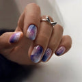 24 Pcs Short Round Colored OmbrÃ© Nail Extensions galaxy Star Design Acrylic Press on Nails Customize False Nails 3482