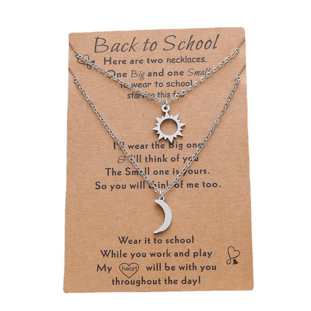 Stainless Steel 18K Gold Back to School Inspiration Pendant Necklace Jewelry Gift for Kids Sun and Moon Set Charm Necklaces