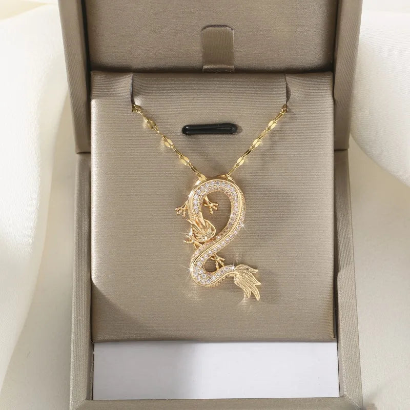 Collar De Acero Inoxidable Micropaved Zirconia Dragon Full Diamond Necklace for Women Stainless Steel Clavicle Necklace