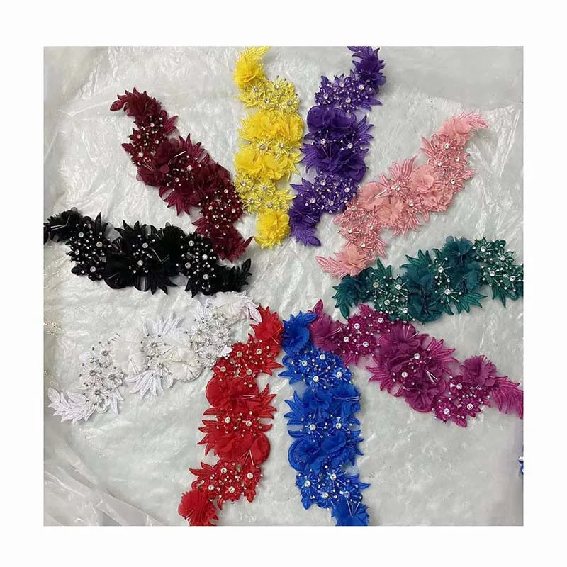 Latest Diy Garment Accessories Beaded 3D Flower Motif Applique Patch Rhinestones Sewing Costume Floral Embroidery Handmade Lace