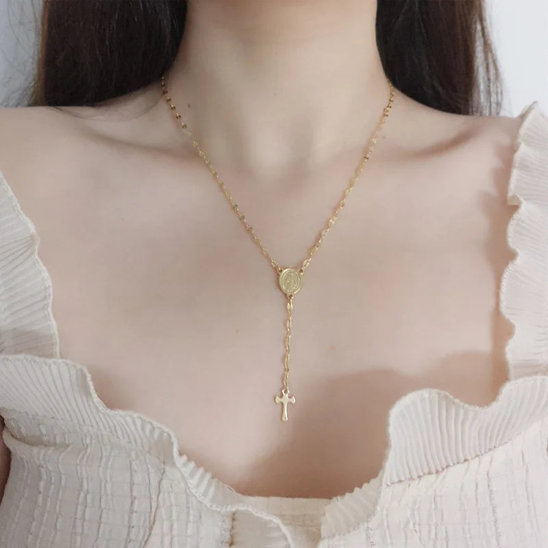 Moge Collier Femme Stainless Steel Tassel Glitter Lip Chain Faith Jewelry Virgin Mary Cross Charm Long Necklaces for Women