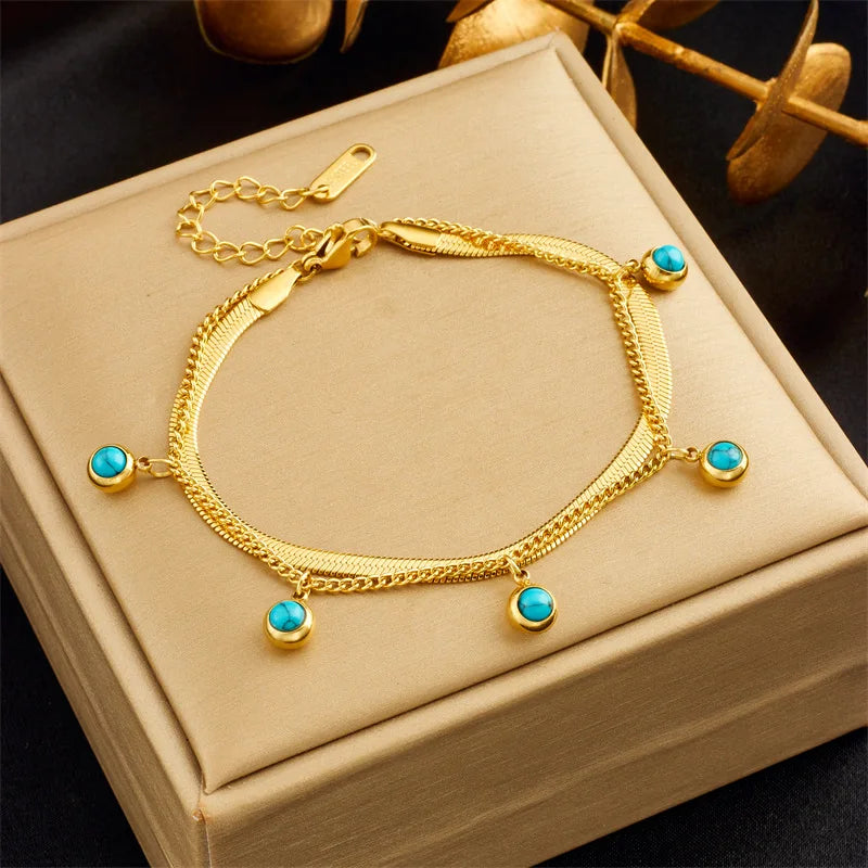 Fashion Adjustable Snake Chain 18k Gold Plated Double Layer Turquoise Stones Stainless Steel Bracelet for Women