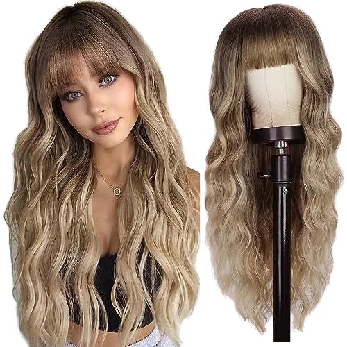 Factory Wholesale 26Inch Bangs Wavy Curly Wigs Black Brown Blonde Auburn Heat Resistant Synthetic Fiber Wigs MegaBDM