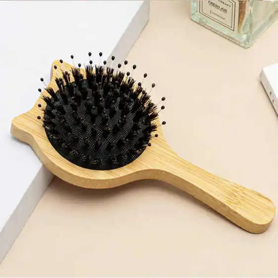 Customized Eco-Cute Cat Ear Shape Portable Bamboo Hair Comb Compact with Laser Logo Bristle Air Cushion Wood Material