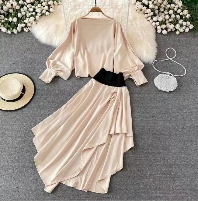 European and American Women's Autumn Set Lantern Sleeve Top+Irregular Skirt Set