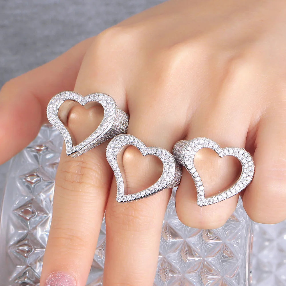 New Full Iced Out Bling Hollow Out Heart 3A CZ Cubic Zirconia Micro Pave Rings for Women Wedding Hip Hop Punk Finger Jewelry