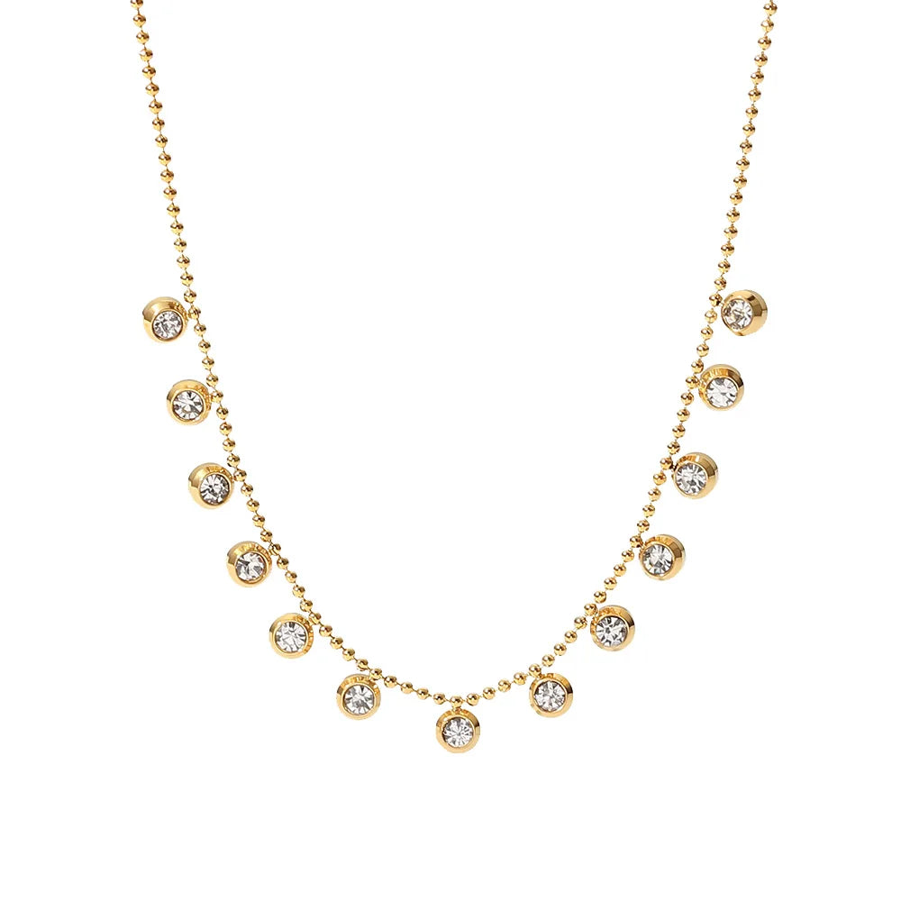 18K Gold Plated Clear Zircon Charms Choker Jewelry Stainless Steel Bead Chain Round Zircons Necklace