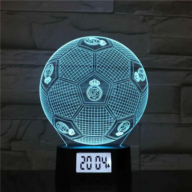 FC Football Shape 3d Led Illusion Light Cooling Smart Sensor Bedside Night Light Time Alarm Clock Lamp for Boys