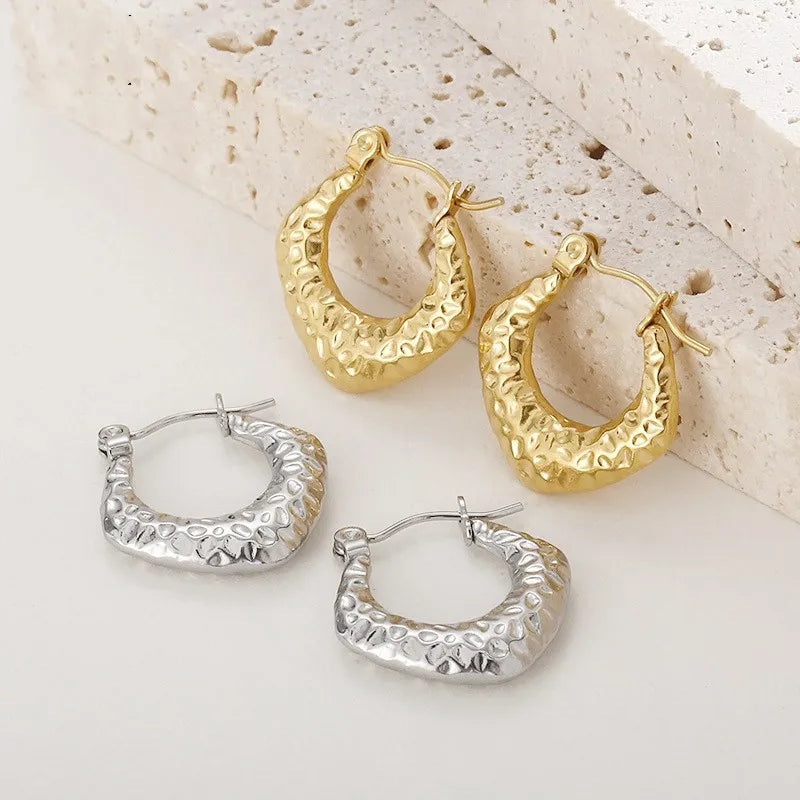 Chunky Geometric Hypoallergenic 18k Gold Plated Stainless Steel Embossing C Hoop Earrings for Women