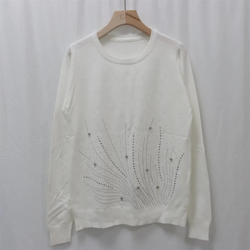 Autumn Knitted Decorate Beaded Sweater Casual Solid Long Sleeves Crew Neck Openwork Pullover Custom Women's Manufacturer Factory