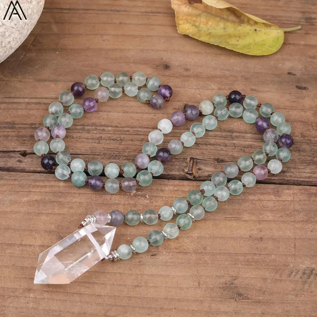 Rainbow Fluorite Mala Necklace Classic Style Chakra Jewelry Clear Crystal Double Point Pendant for Gift Party Sweater Necklaces