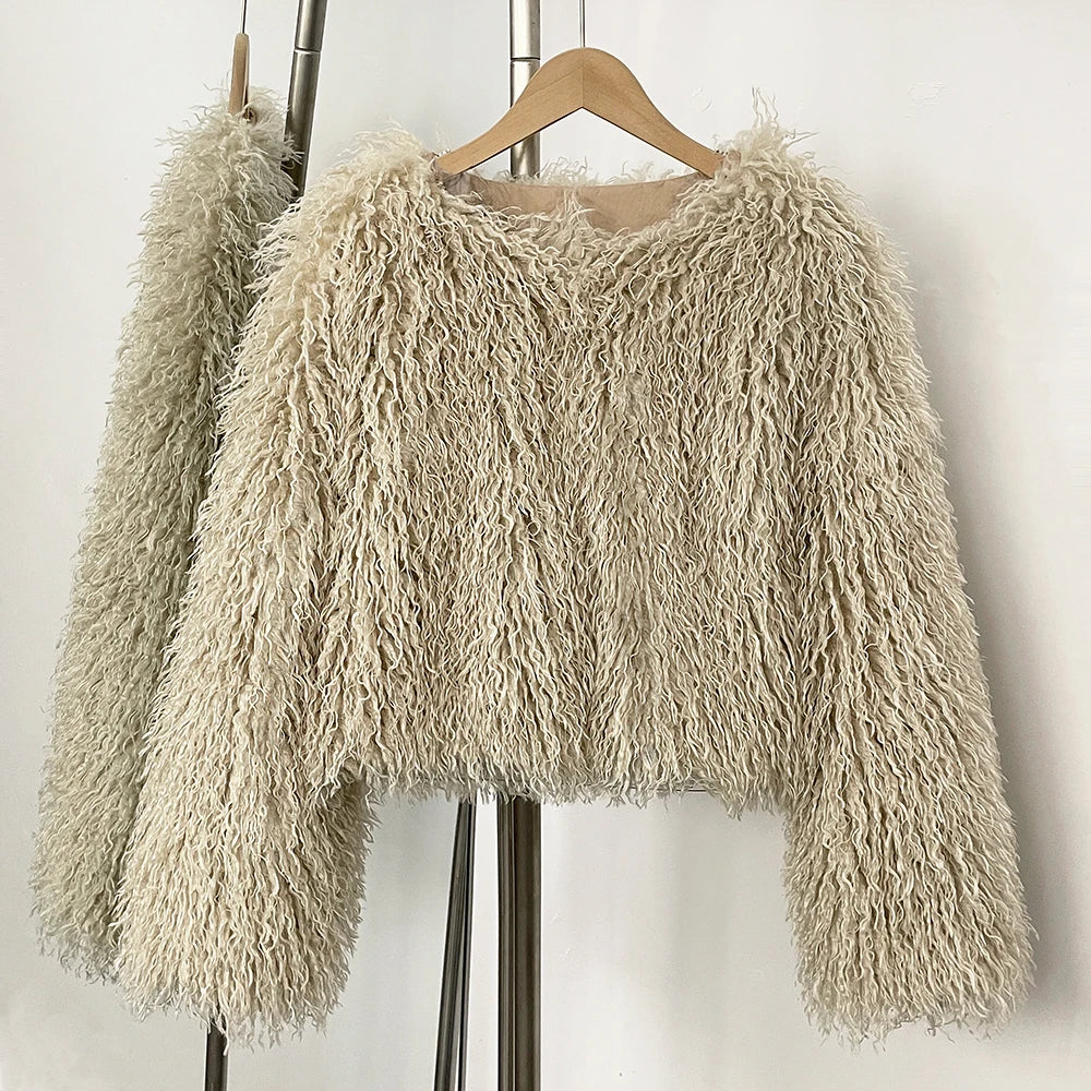 OFTBUY 2025 Winter Fashion Faux Fur Coats Fluffy Artificial Mongolian Fur Coat Sheep Fur Coat Women Elegant Turn-down Collar