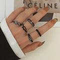6pcs/set Women Fashion Knuckle Finger Ring Set European Black Retro Hug Snake Ring Black Crown Diamond Chain Ring